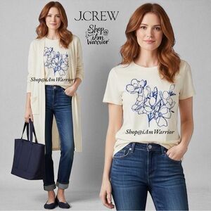 J.Crew ivory graphic tee with blue illustrated floral design *shop@iamwarrior